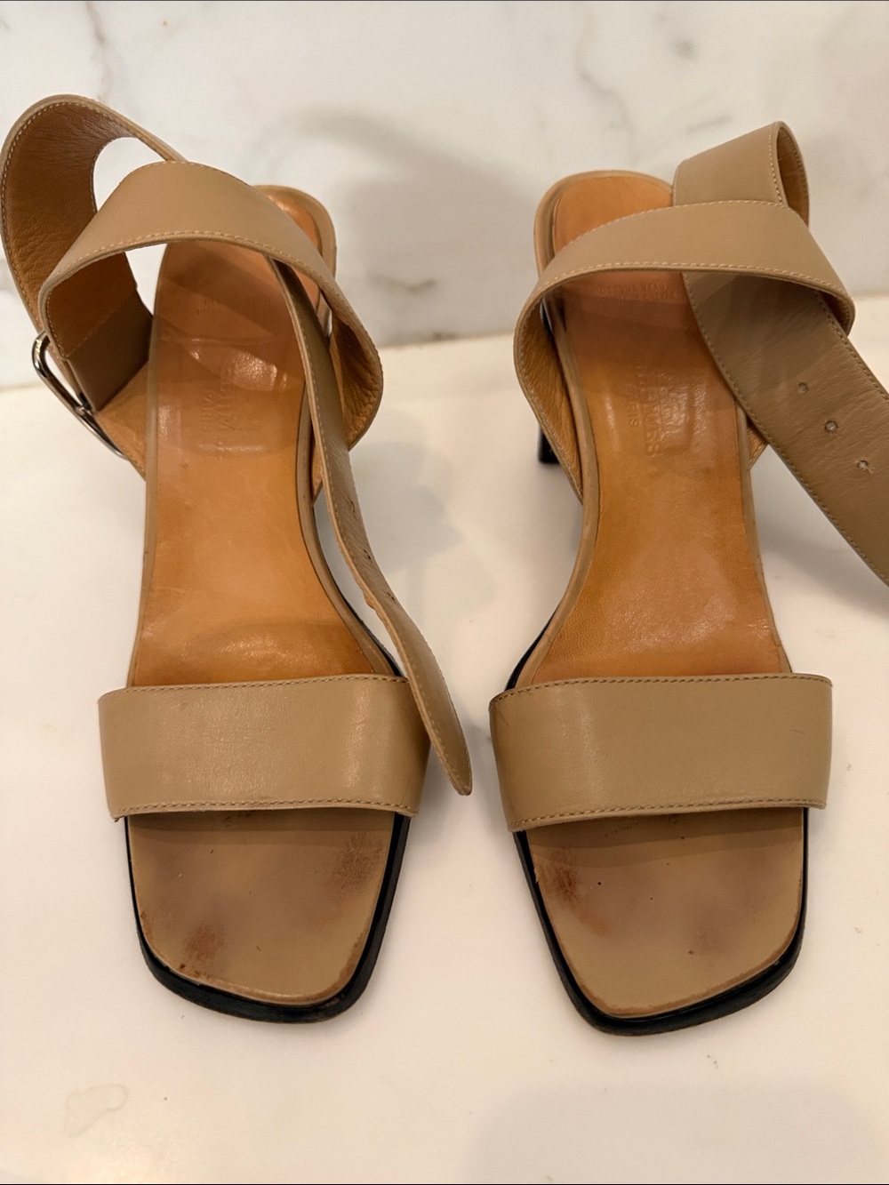 Hermes Taupe Leather Strappy Block Heel Sandals